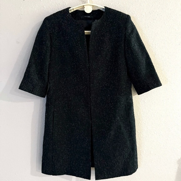 Tahari Long Jacket Black Tweed Duster Office Short Sleeve Career Women’s Size 8 - Picture 1 of 16